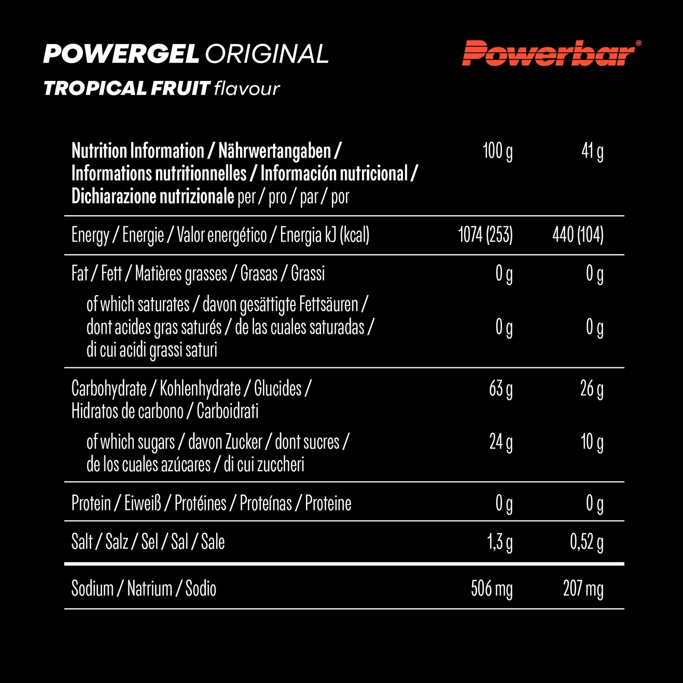Nährwertangaben für Powergel Original Tropical Fruit, 100g und 41g Portionen.