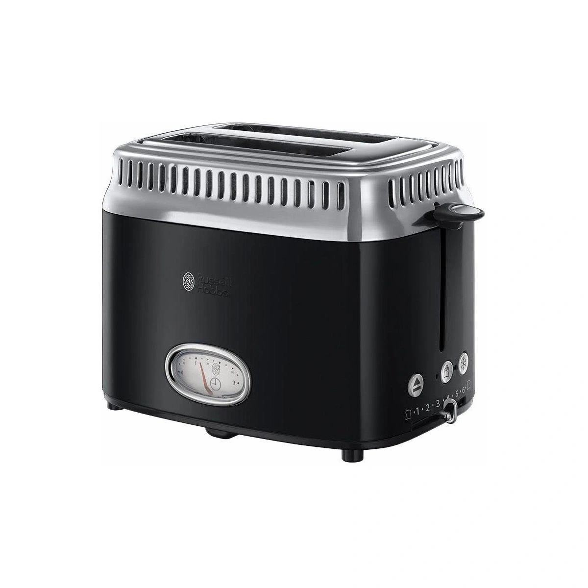 Schwarzer Toaster mit Chrom-Akzenten und Bräunungsregler
