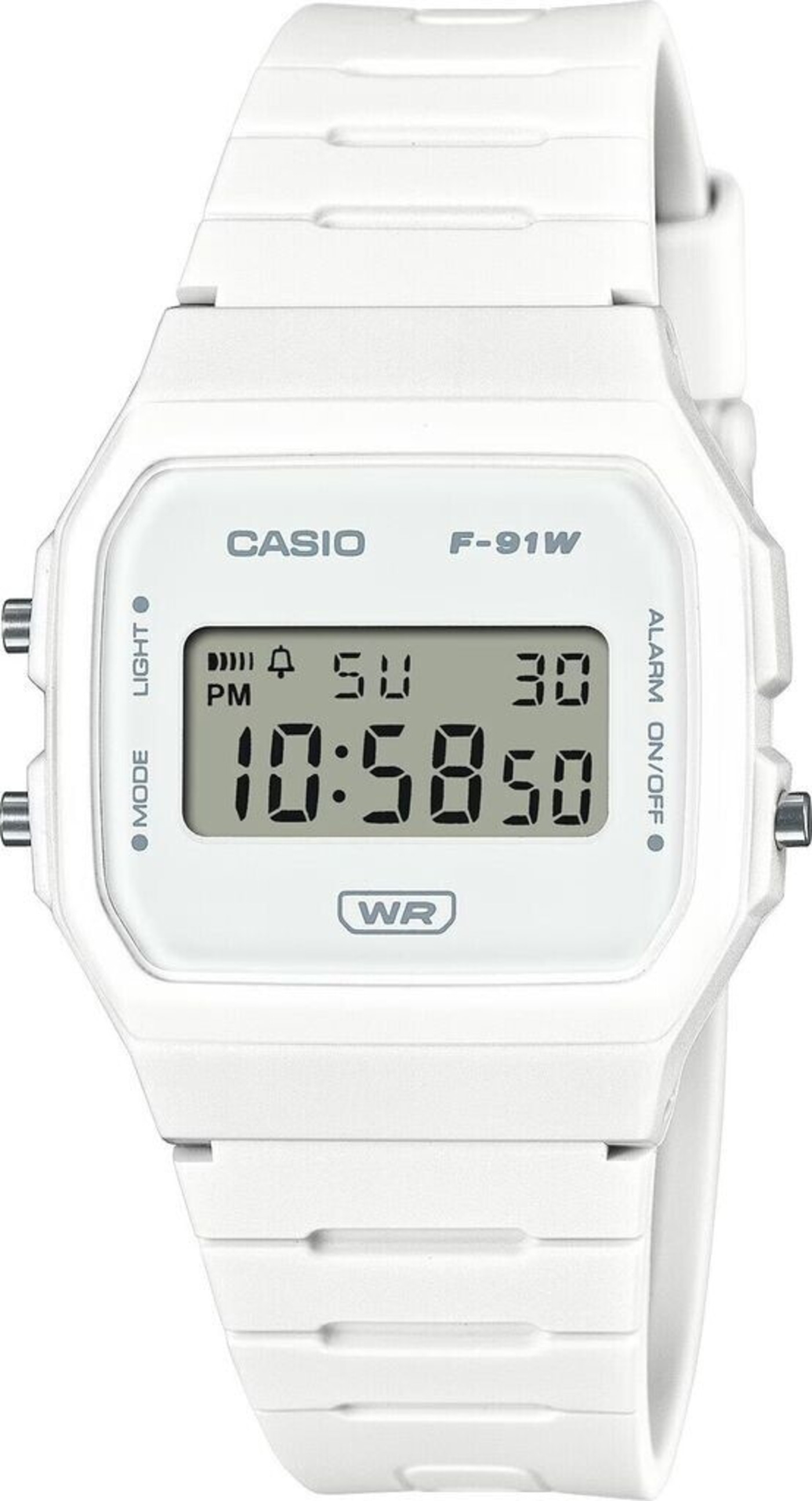 Weiße Casio Digitaluhr mit schwarzem Zifferblatt und weißem Armband