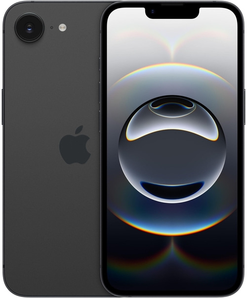 Dunkelgraues iPhone mit schwarzem Bildschirm, Apple-Logo, Kamera und Blitzlicht.