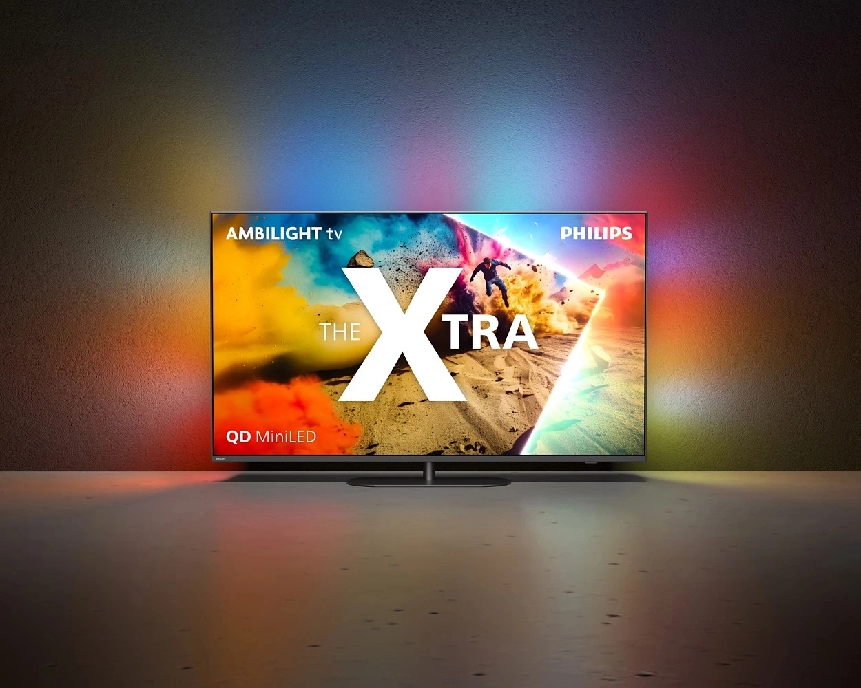 Philips Ambilight TV mit QD MiniLED-Technologie und dem Schriftzug "THE XTRA"