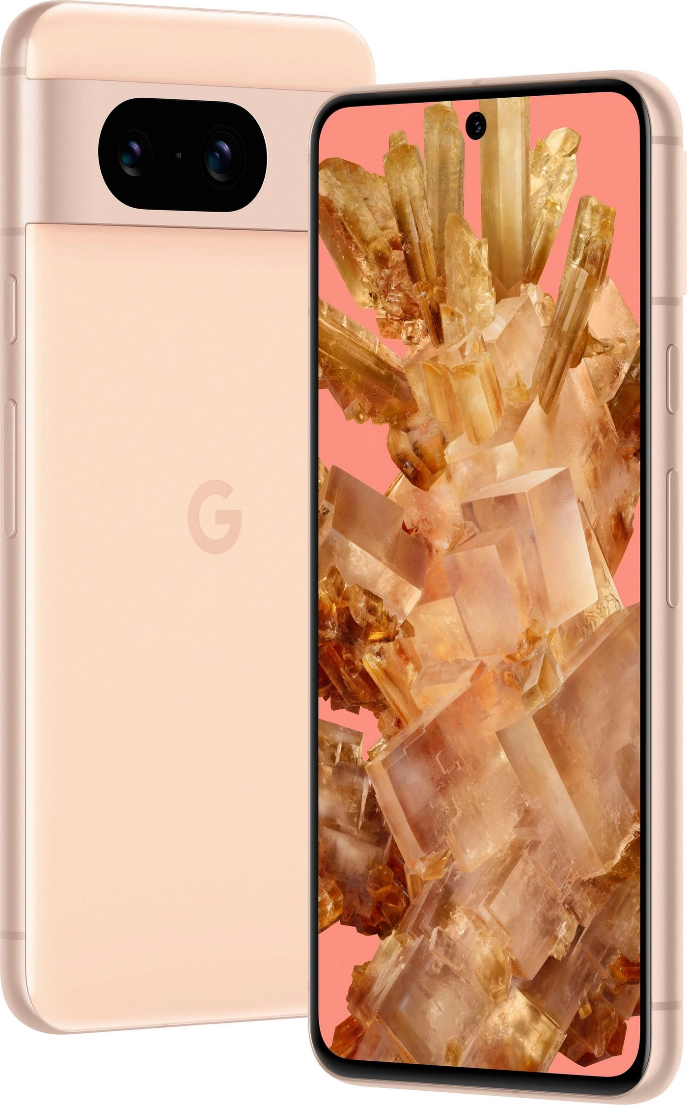 Ein hellrosa Google Pixel Handy mit Kristallhintergrund auf dem Bildschirm.