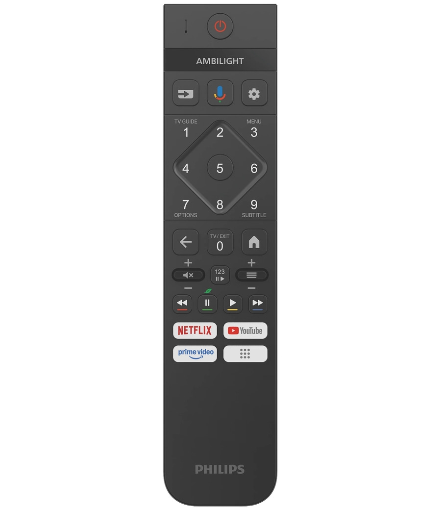 Fernbedienung mit AMBILIGHT, Netflix und YouTube Tasten. Philips Logo.