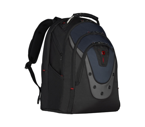 Schwarzer Rucksack mit blauen und grauen Akzenten, rotem Logo und Reißverschlüssen.