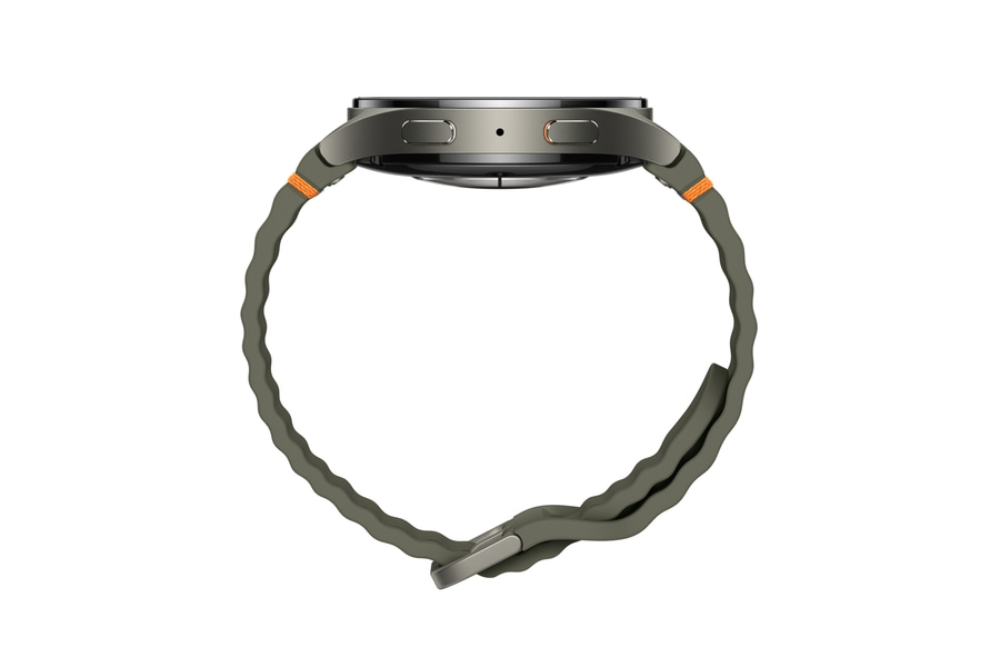 Seitenansicht einer Smartwatch mit gewelltem Armband und orangefarbenen Akzenten