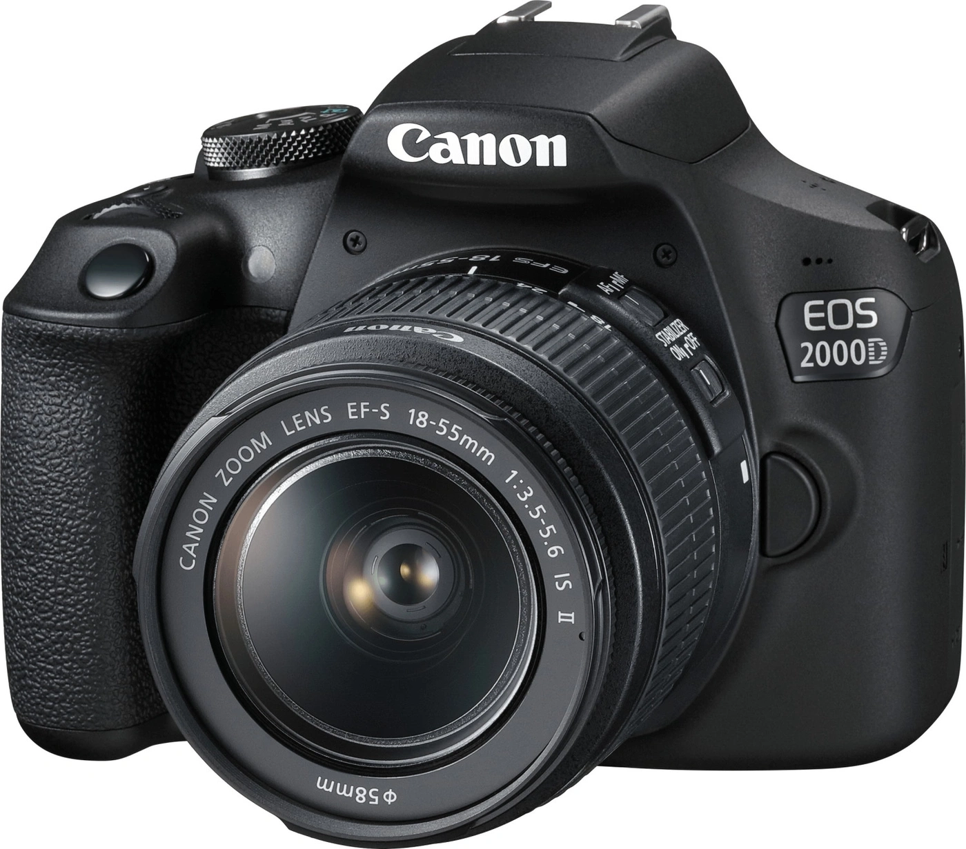 Ein schwarzes Canon EOS 2000D DSLR-Kameragehäuse mit einem 18-55mm Objektiv