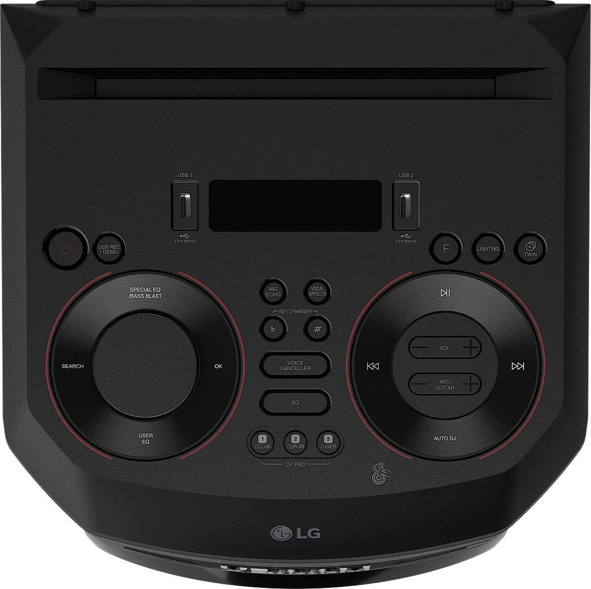 Schwarzer LG-Lautsprecher mit vielen Knöpfen und Anschlüssen für Musikwiedergabe.
