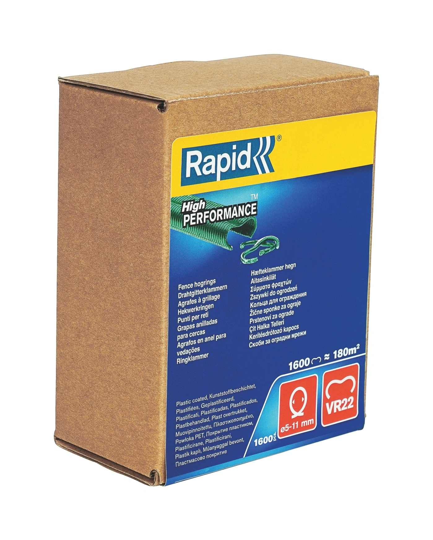 Kartonverpackung mit blauer und gelber Aufschrift, zeigt Drahtklammern und Produktinformationen.