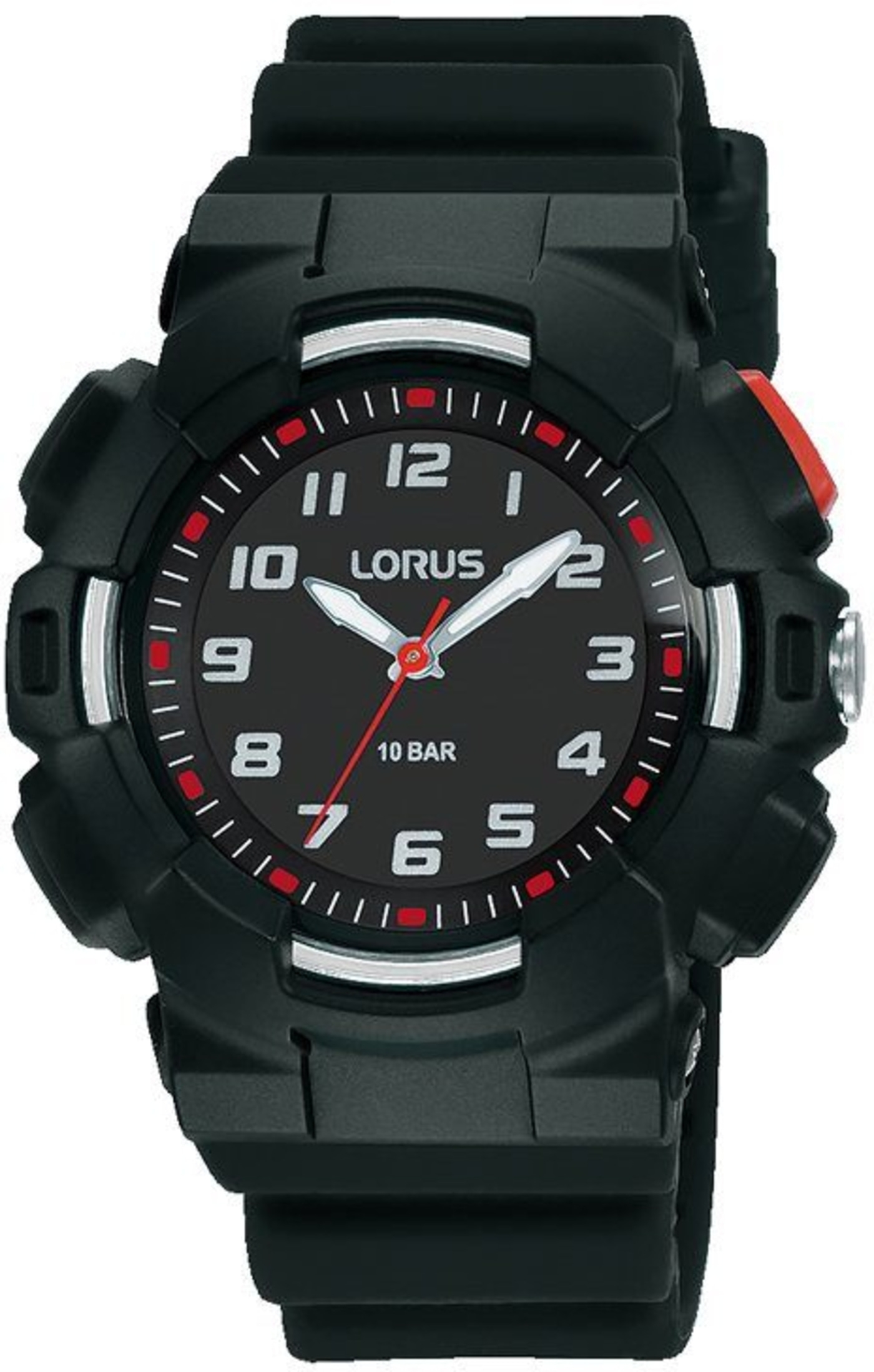 Schwarze Lorus-Armbanduhr mit roten Akzenten und 10 Bar Wasserdichtigkeit.