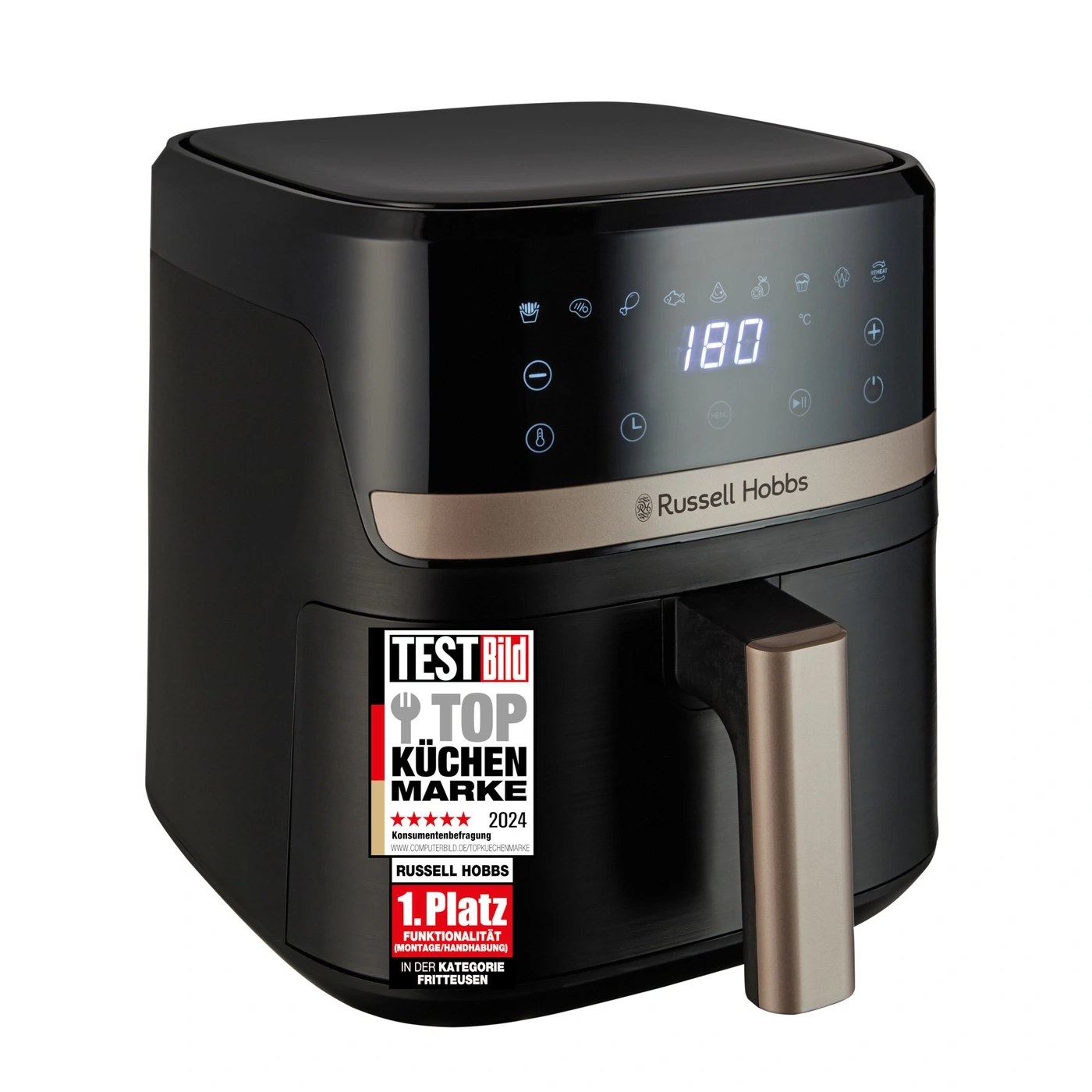 Ein schwarzer Russell Hobbs Heißluftfritteuse mit Digitalanzeige und Aufkleber.