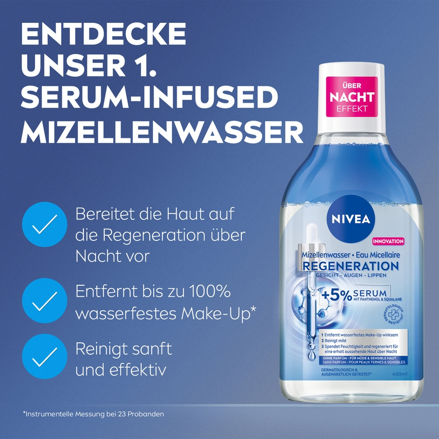 Nivea Mizellenwasser Regeneration, entfernt Make-up, regeneriert die Haut über Nacht.