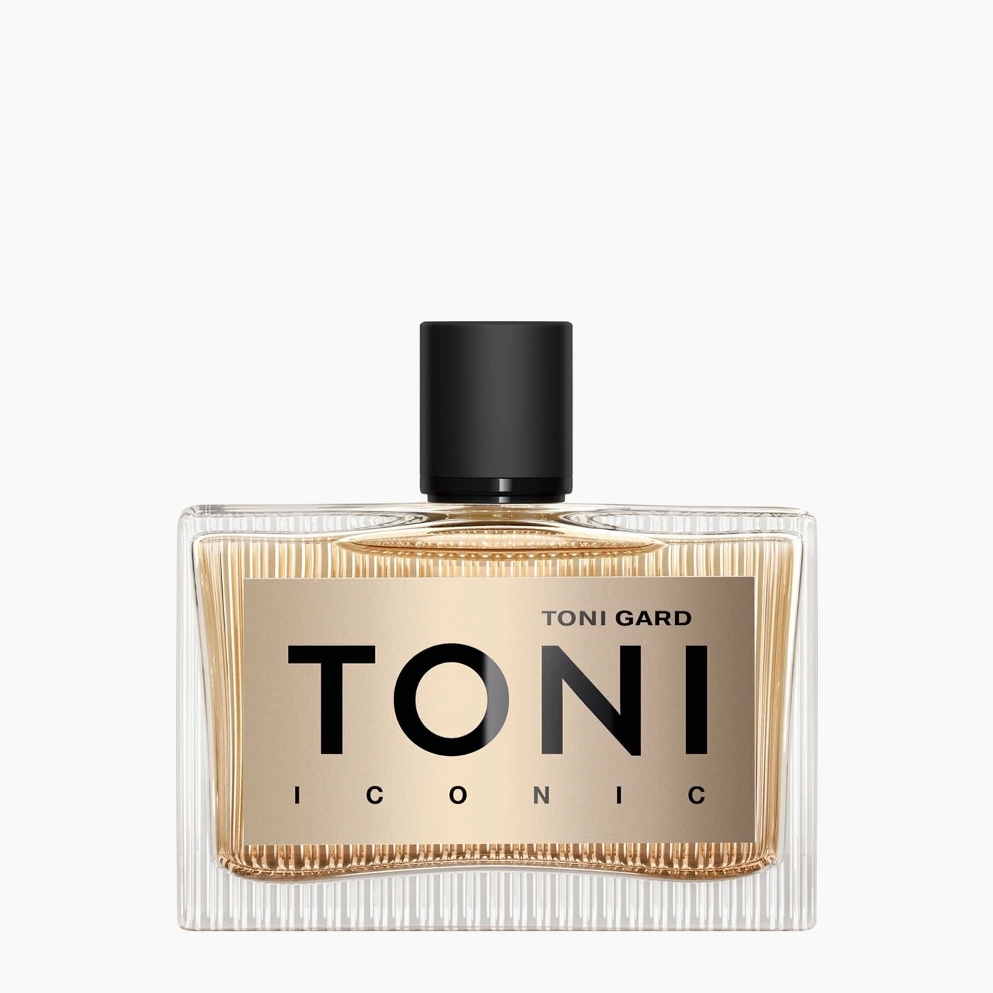Toni Gard Iconic Parfümflasche, rechteckig, goldfarben, schwarzer Deckel, weißer Hintergrund