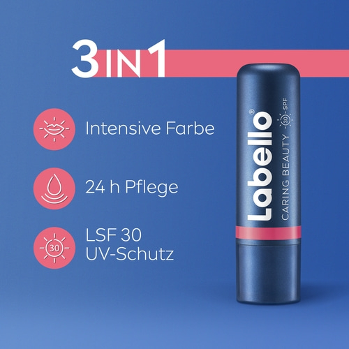 Labello 3in1 Lippenpflege mit intensive Farbe, 24h Pflege und LSF 30 UV-Schutz.