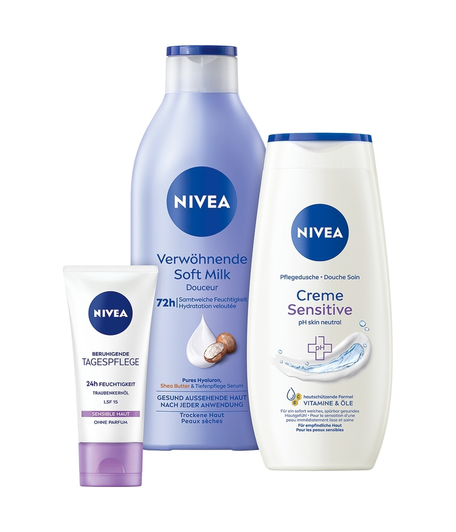 NIVEA Wegbegleiter Geschenkset Pflegedusche Soft Milk Tagespflege Kulturtasche