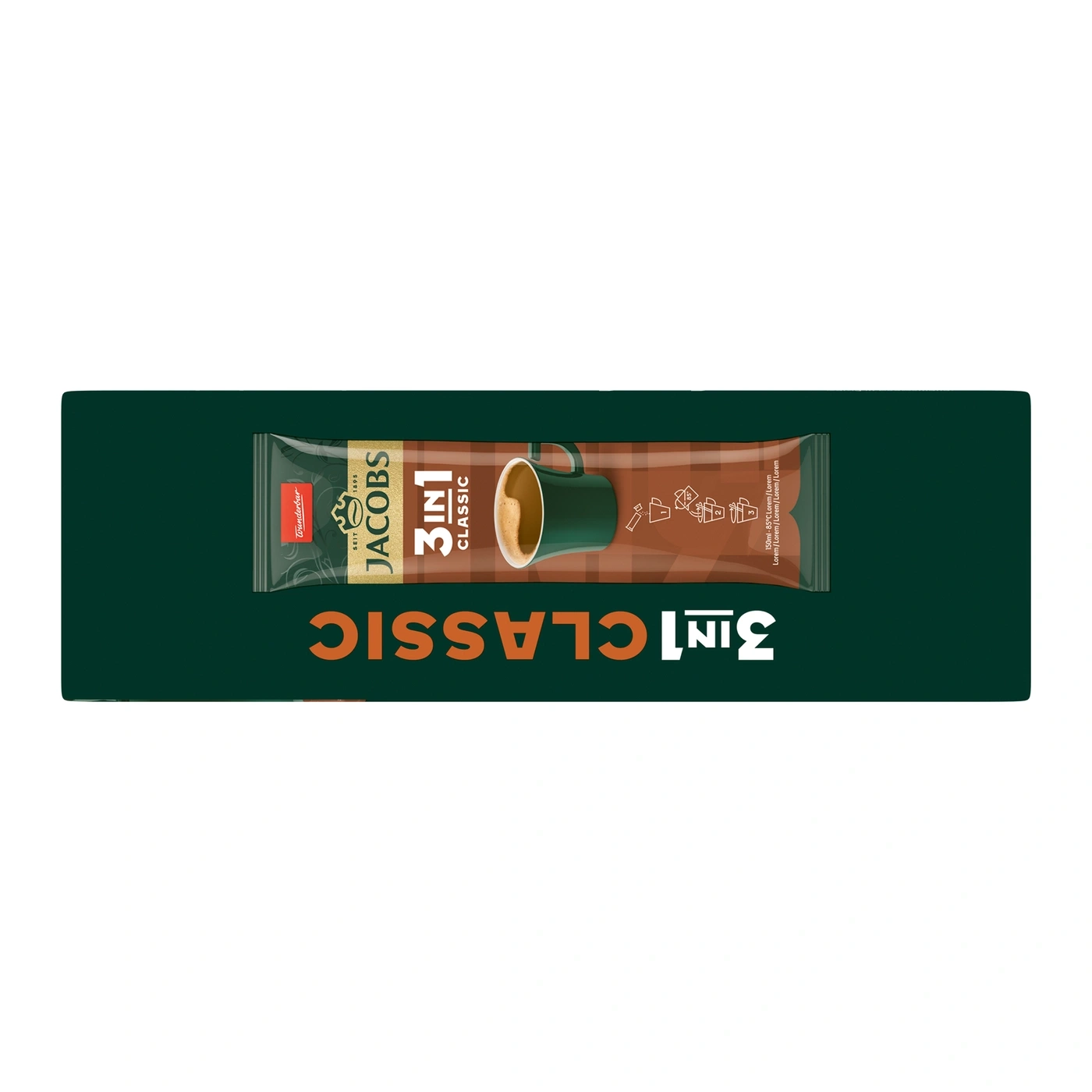 Verpackung von Jacobs 3in1 Classic Kaffee mit Tasse und Zubereitungshinweisen.