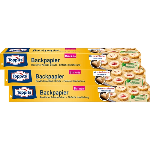3 x TOPPITS Backpapier 8 m x 38 cm Anback-Schutz Hitzebeständig bis 220°C