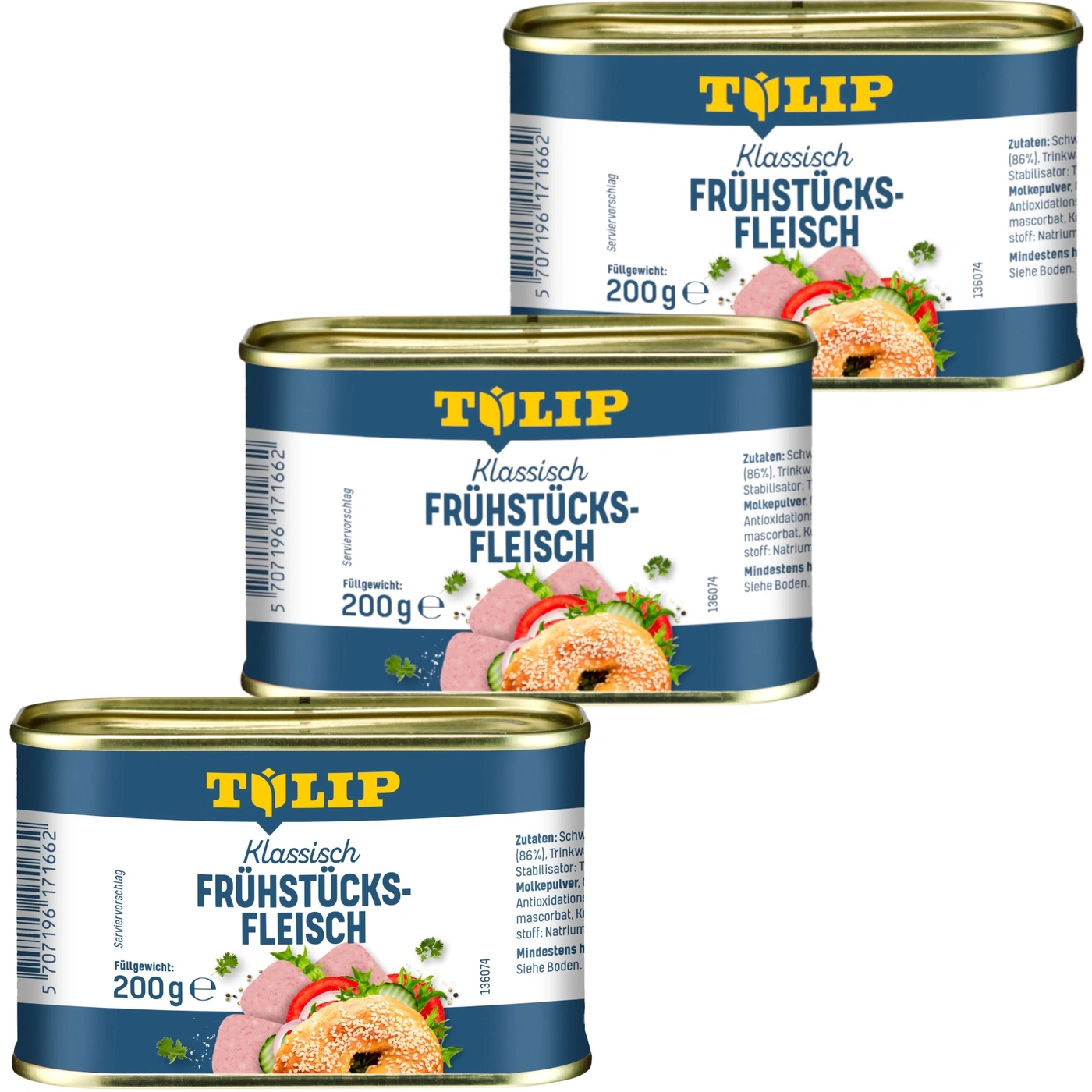 Drei Dosen Frühstücksfleisch, Klassisch, 200g, Tulip, mit Zutatenliste und Serviervorschlag.