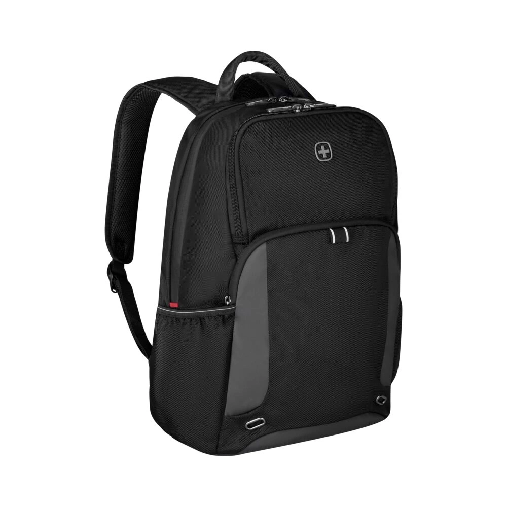 Schwarzer Rucksack mit Schweizer Kreuz, Laptopfach, gepolsterten Trägern und Tragegriff