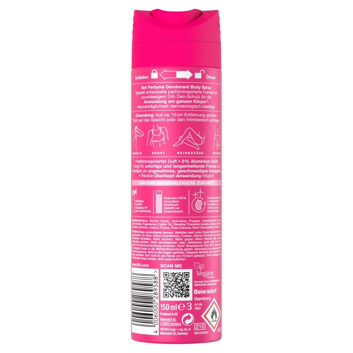 Ein pinker Bodyspray mit Aufschriften und Symbolen für die Anwendung am ganzen Körper.