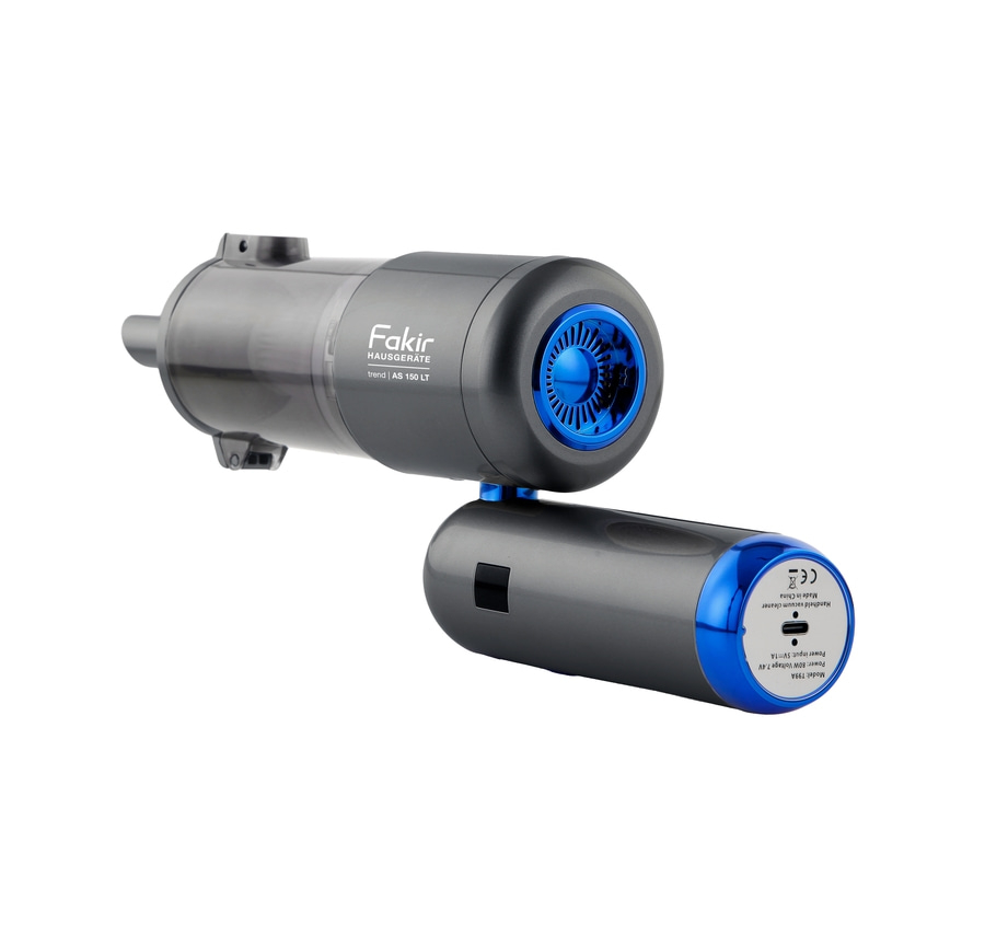 Ein Handstaubsauger von Fakir, Modell T99A, in Grau mit blauen Akzenten.