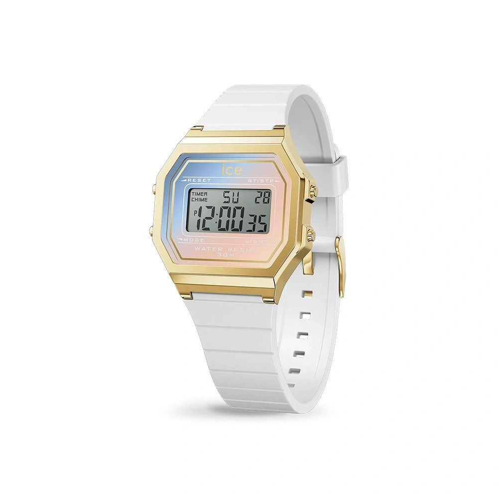 Eine weiße ICE-Watch mit goldenem Gehäuse und blauem Zifferblatt wird gezeigt.