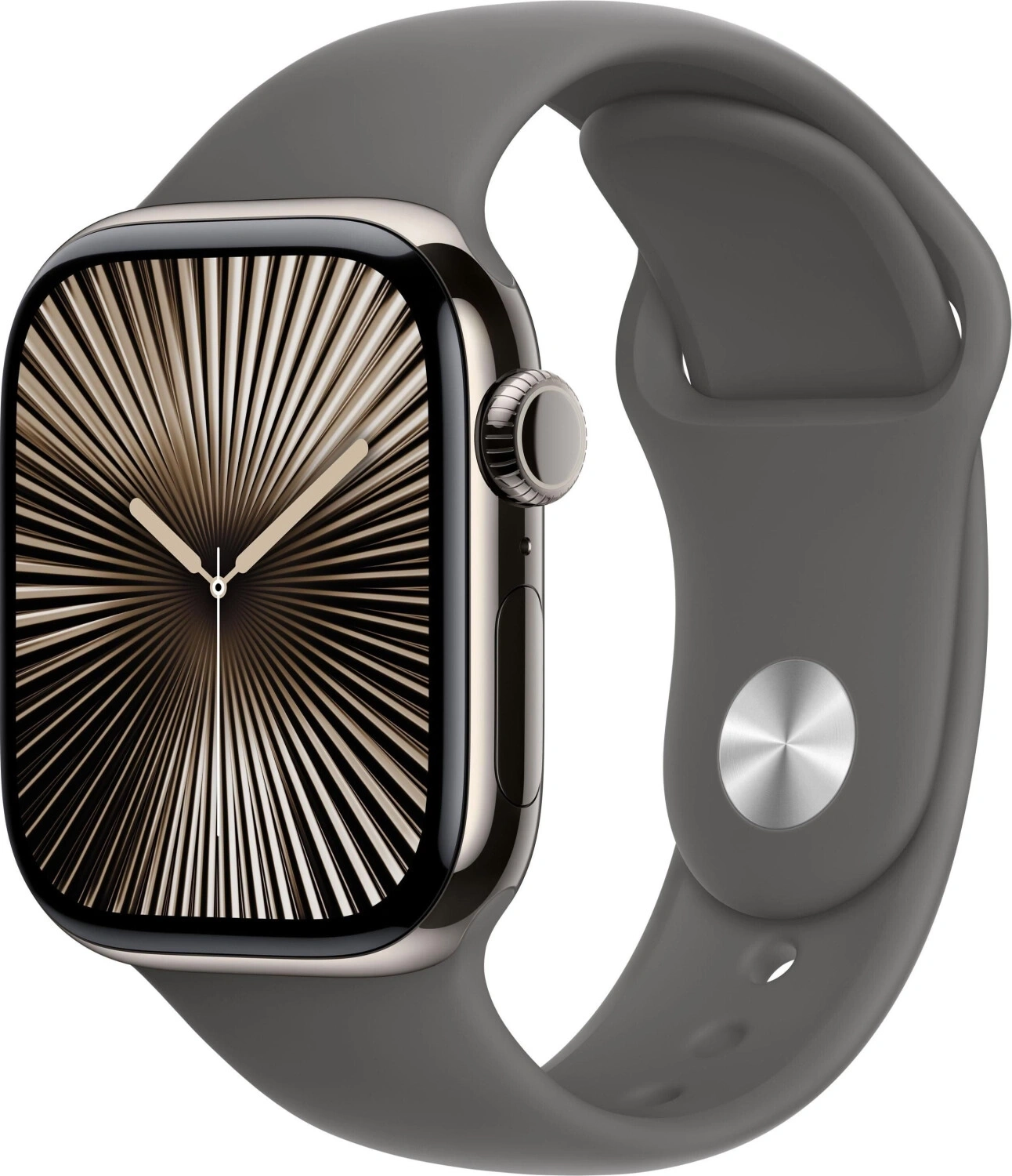 Eine Apple Watch mit einem grauen Armband und einem einzigartigen Zifferblatt mit radialen Linien. Der digitale Kronenknopf ist auf der rechten Seite gut sichtbar.