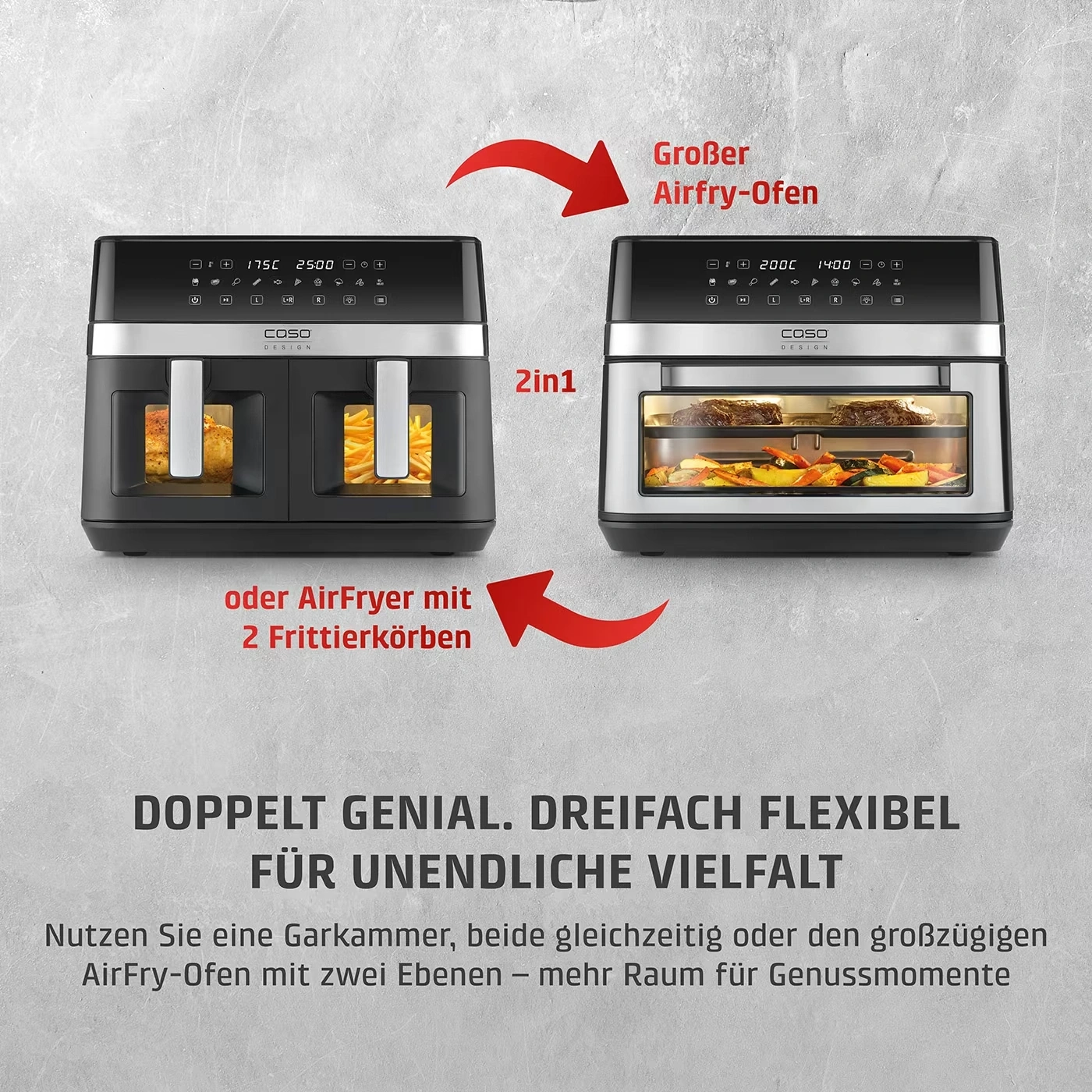 CASO Design AirFry DuoChef Heißluftfritteuse Dual Zone 2200W 14L Timer NEU