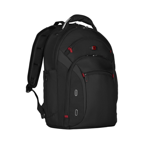 Schwarzer Rucksack mit roten Reißverschlüssen und Schweizer Kreuz Logo