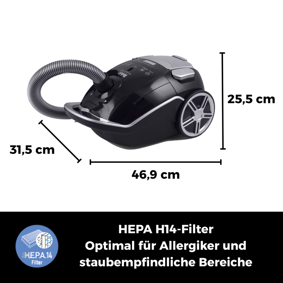 Ein schwarzer Staubsauger mit roten Akzenten und HEPA H14-Filter für Allergiker und staubempfindliche Bereiche.