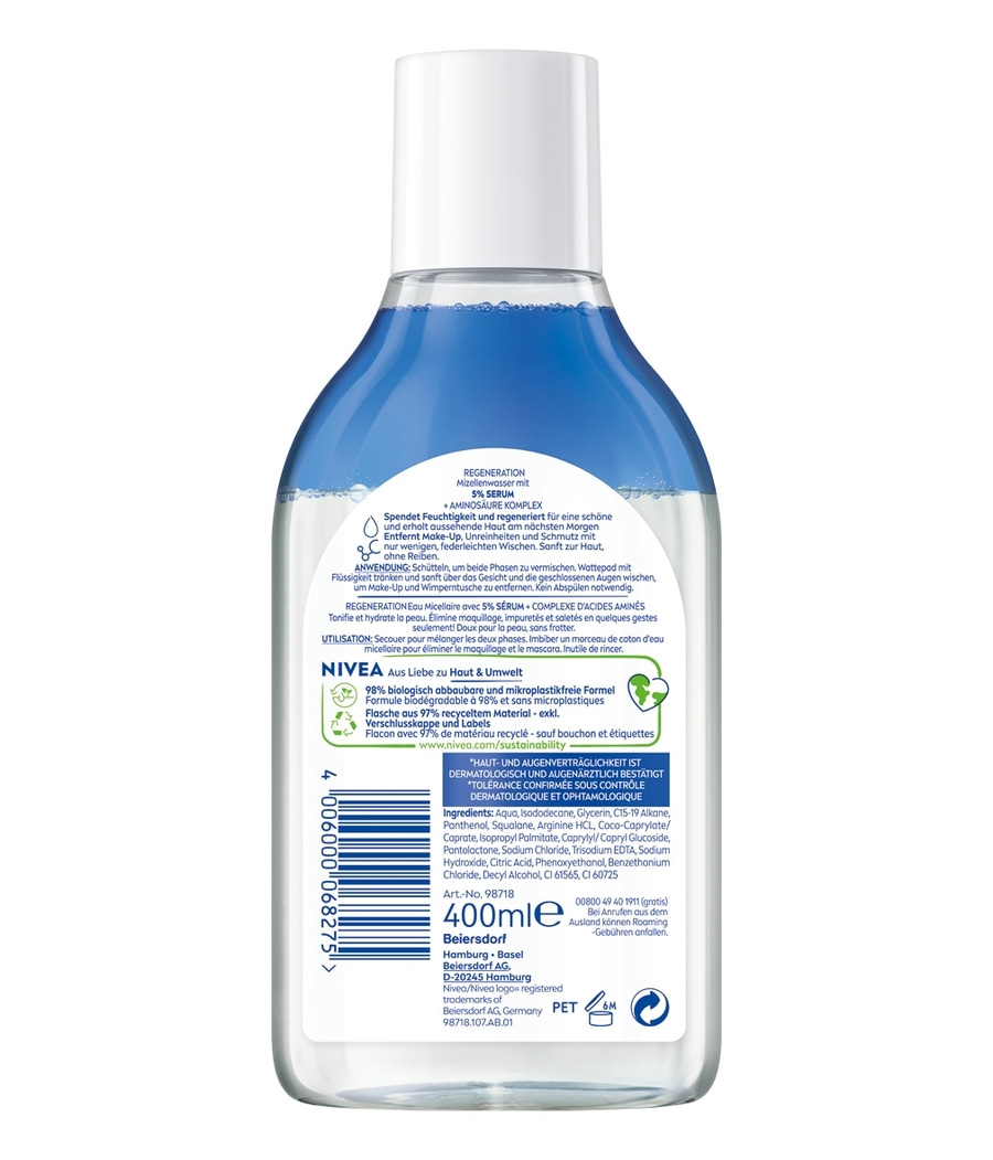 Nivea Mizellenwasser Flasche, Hautpflege, Make-up Entferner, 400ml, Regeneration, Hautverträglichkeit