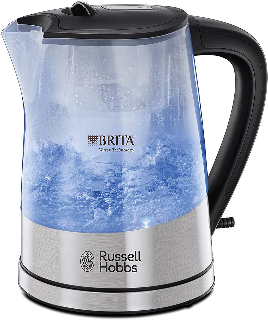 Wasserkocher mit Brita-Filter und Russell Hobbs-Logo, blau beleuchtet