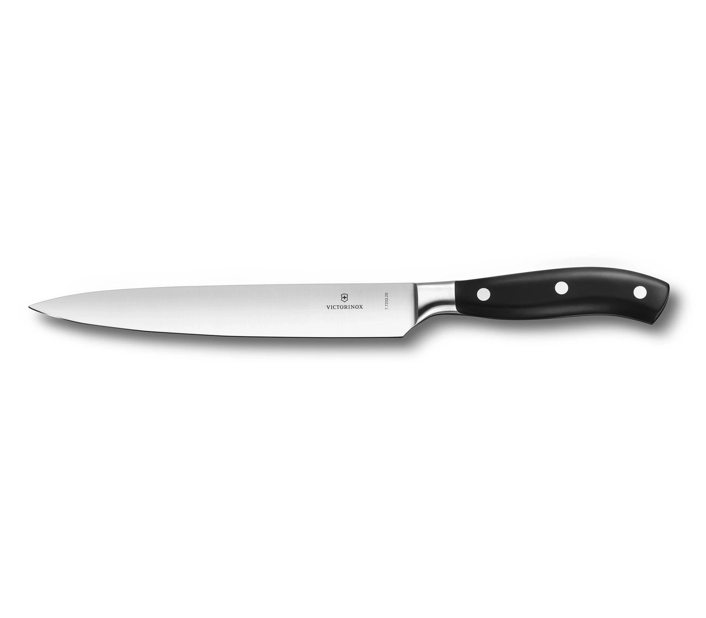 Küchenmesser von Victorinox mit schwarzem Griff und silberner Klinge auf weißem Hintergrund