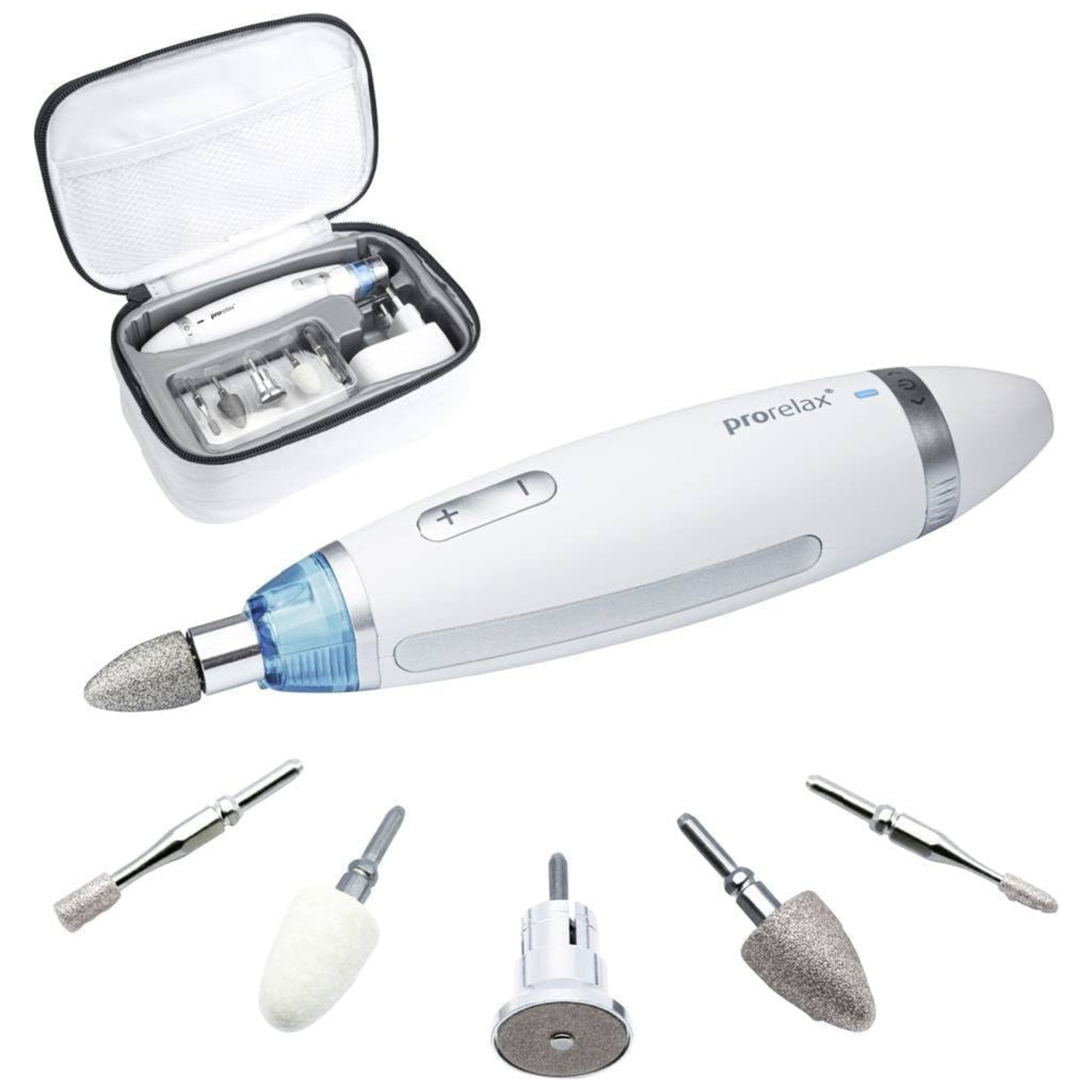 Nagelpflegeset mit weißem Gerät und Zubehör in einer Tasche