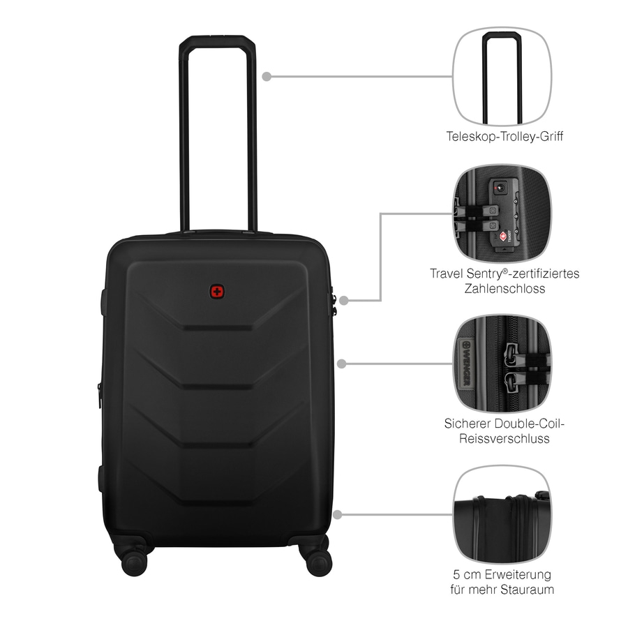 Schwarzer Koffer mit Teleskopgriff, Zahlenschloss, Reißverschluss und Erweiterung für mehr Stauraum.