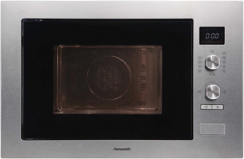 Mikrowelle mit digitaler Anzeige und Drehknöpfen, Edelstahl-Design, Marke hanseatic.