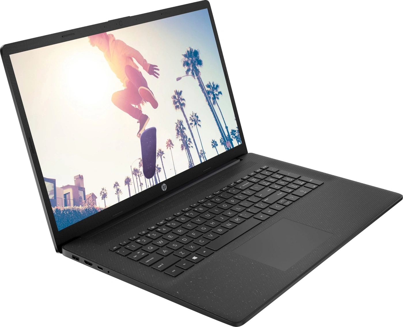 Ein schwarzer HP Laptop mit einem Skateboarder auf dem Bildschirm.