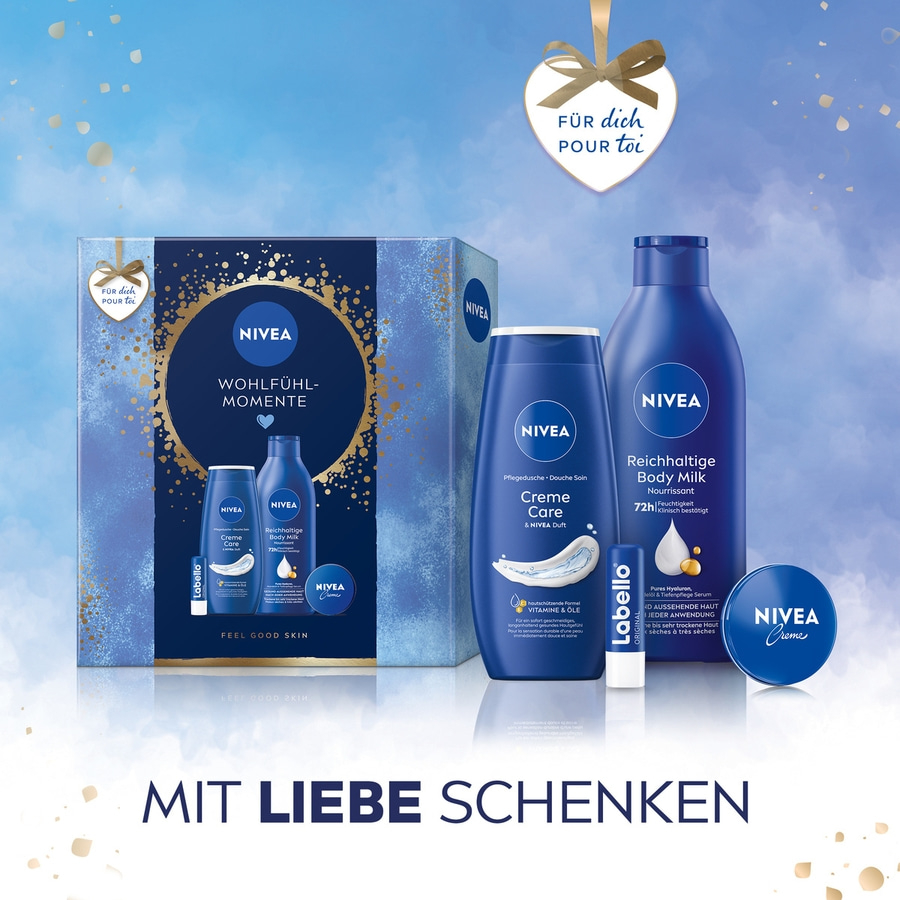 NIVEA Wohlfühl-Momente Geschenkset, Creme Body Milk Pflegedusche Labello