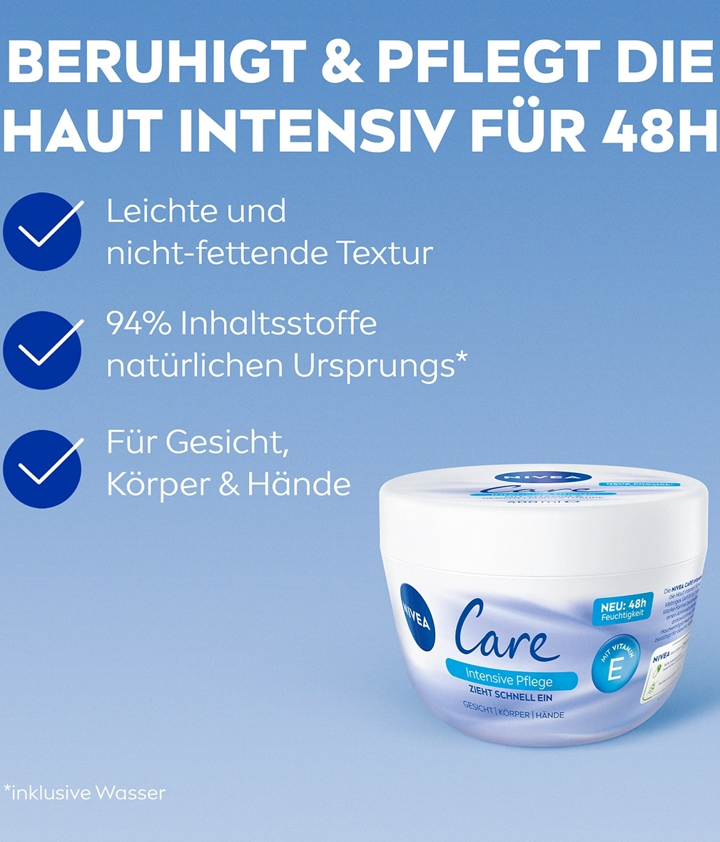 Nivea Care Creme, beruhigt und pflegt die Haut intensiv für 48h, mit Vitamin E.