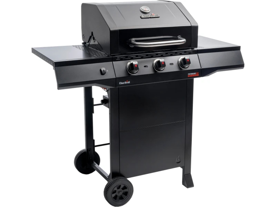 Schwarzer Gasgrill mit drei Brennern und Rädern für den Außenbereich.