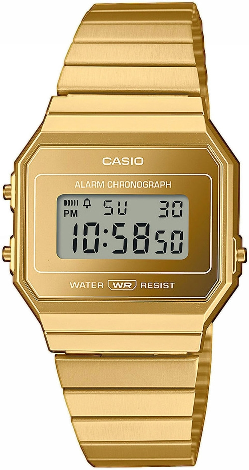 Goldene Casio Uhr, Digitalanzeige, Alarm Chronograph, rechteckiges Zifferblatt, Armband