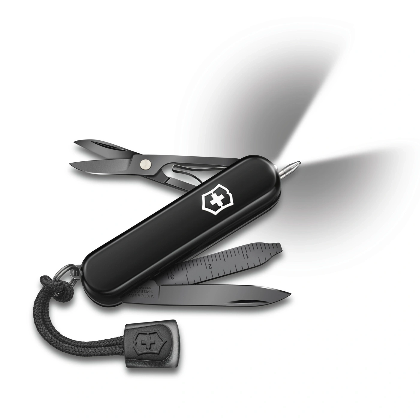 Schwarzes Taschenmesser mit geöffneten Werkzeugen und Licht auf weißem Hintergrund.