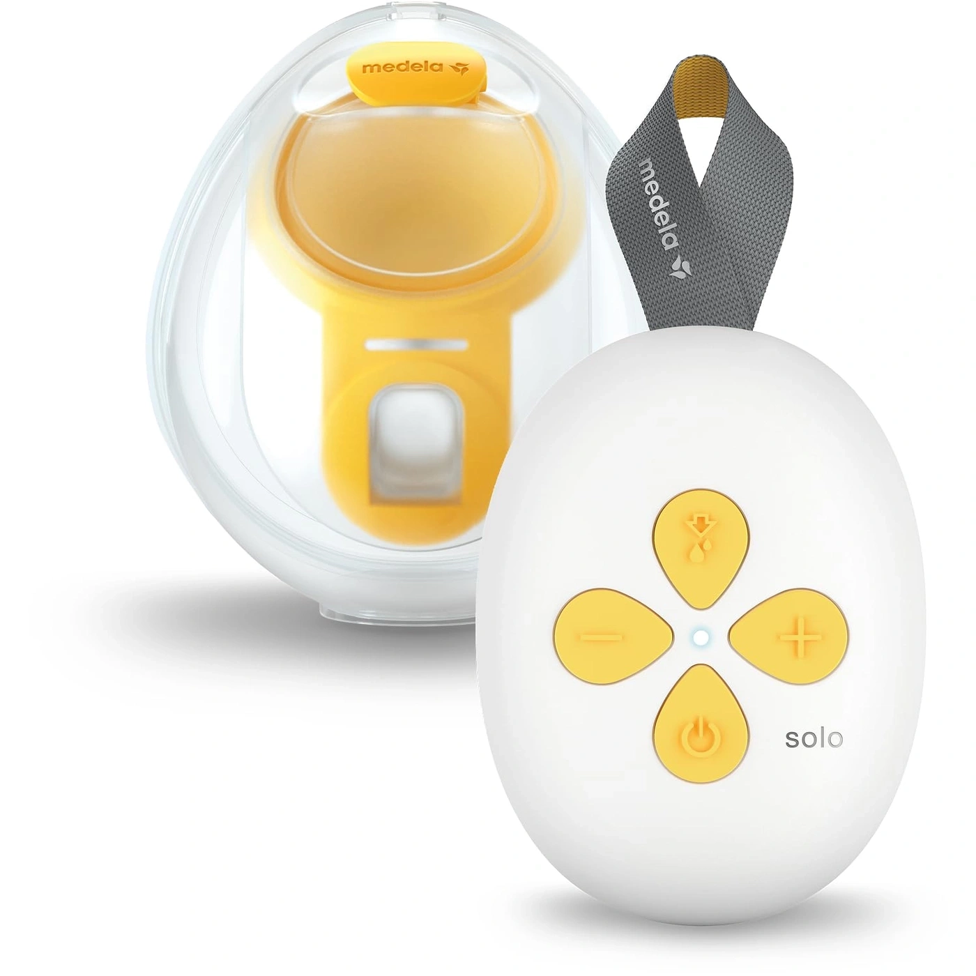Medela Solo elektrische Brustpumpe, gelb und weiß, mit Zubehör, Nahaufnahme.