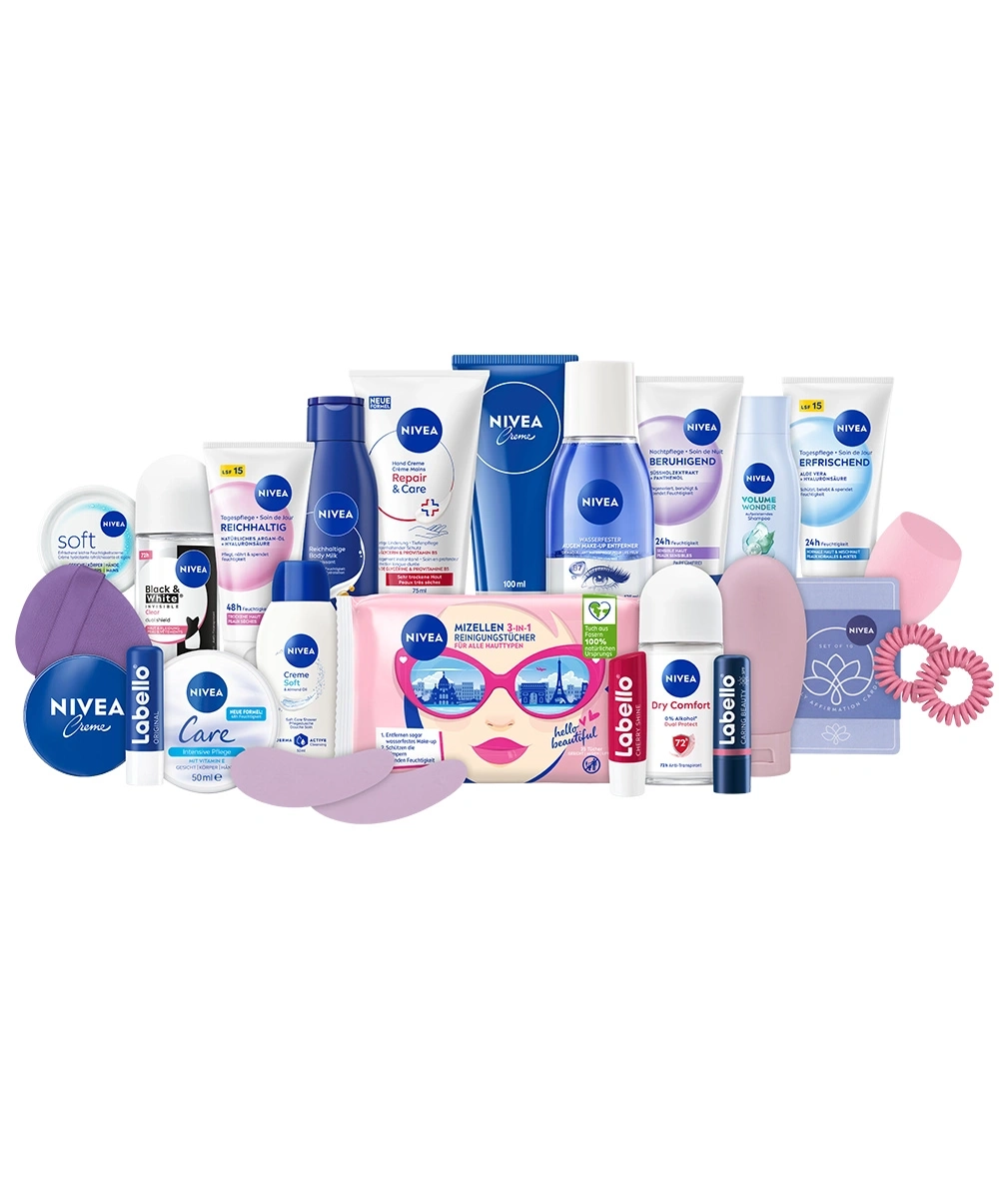 NIVEA Kosmetikprodukte mit Hautpflege, Duschgel, Lotionen und Lippenbalsam.