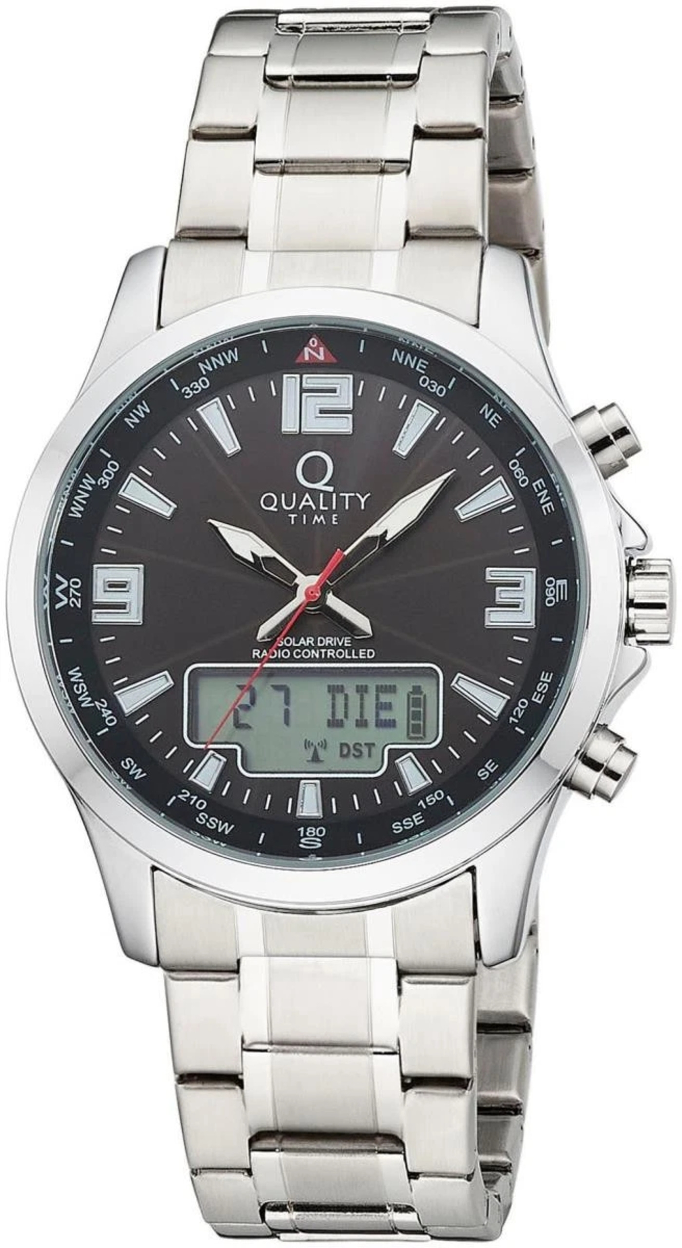 Silbernes Herrenarmbanduhr mit schwarzem Zifferblatt und digitaler Anzeige