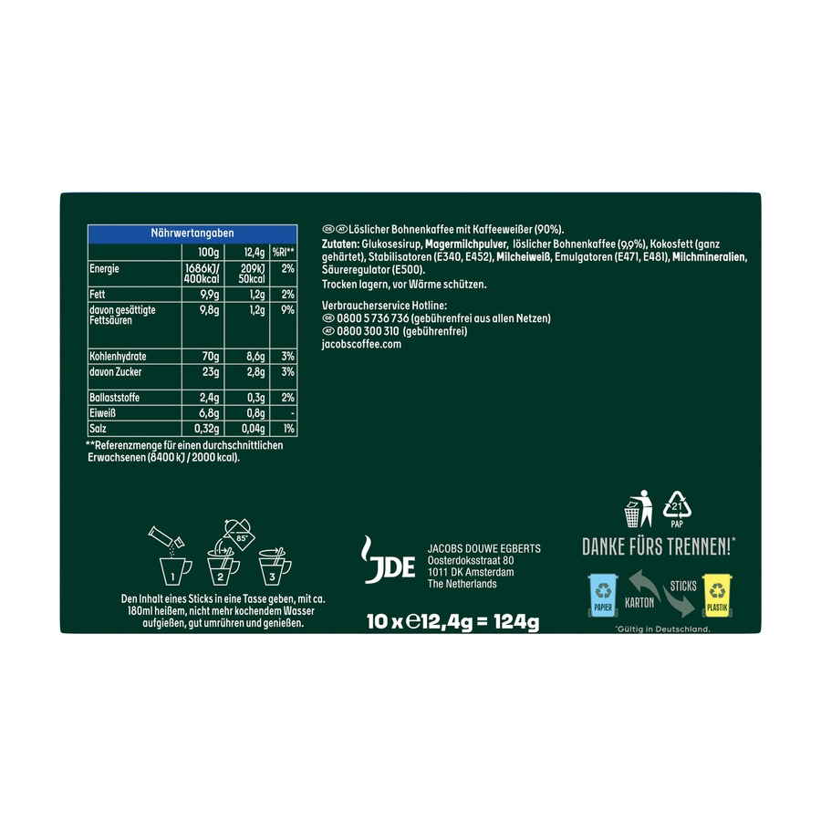 Nährwertangaben, Zutaten, Recyclinghinweise, Zubereitung, Jacobs Douwe Egberts, 10x12,4g = 124g