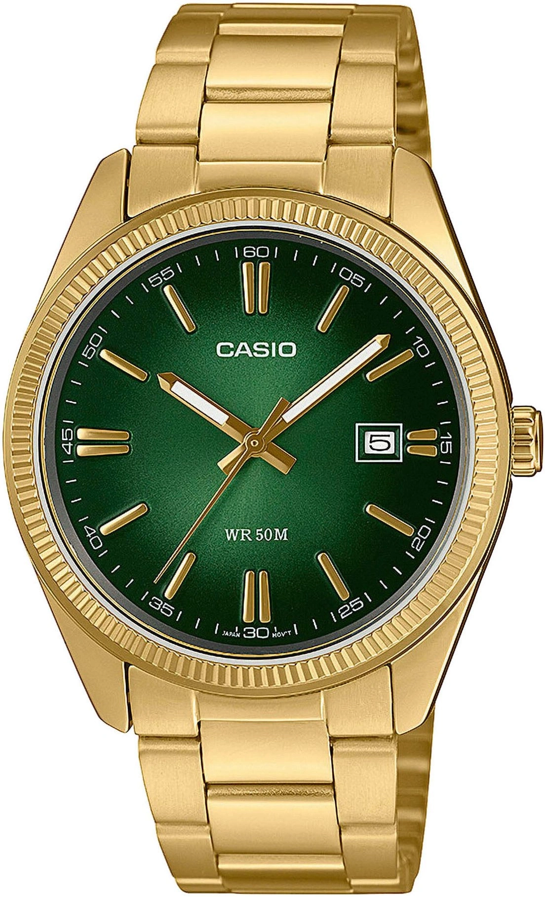 Goldene Casio Uhr mit grüner Lünette und Datumsanzeige