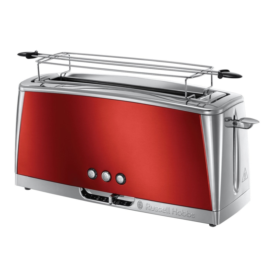 Roter Toaster mit silbernen Akzenten und Aufsatz für Toast. Russell Hobbs.