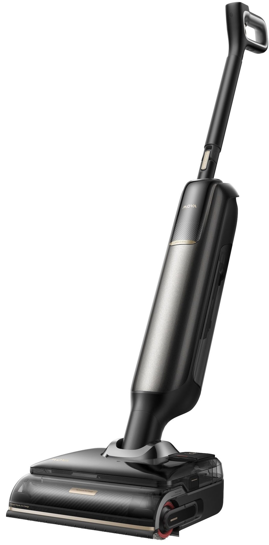 Ein moderner schwarzer Staubsauger mit einem silbernen Akzent und einem transparenten Behälter, der auf weißem Hintergrund steht.