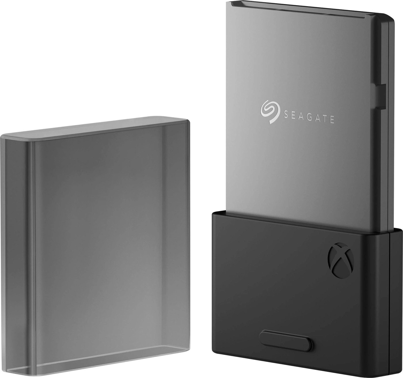 Ein Seagate Xbox Speicherkartenerweiterungs-Gerät mit schwarzem Gehäuse und silbernem Aufsatz, daneben eine graue Schutzhülle.
