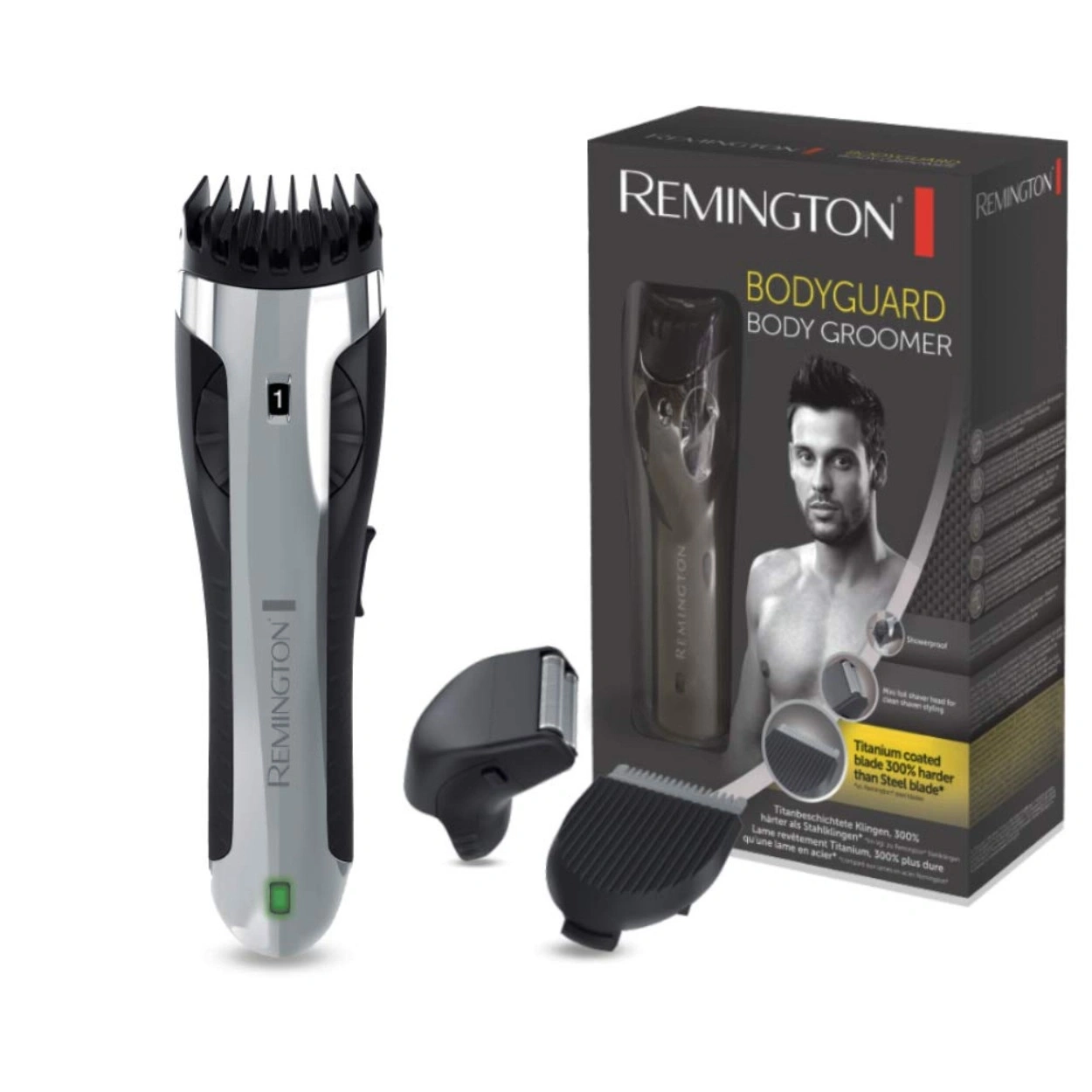 Der Remington Bodyguard Body Groomer mit Zubehör und Verpackung